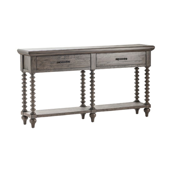 Pembroke Plantation Recycled Pine Distressed Grey Turned Leg 2 Drawer Console