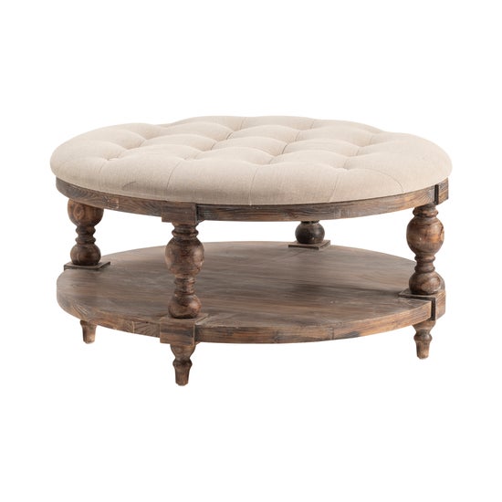 Tahoe Rustic Wood and Round Linen Ottoman