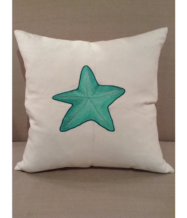 White Linen w Teal Starfish Pillow