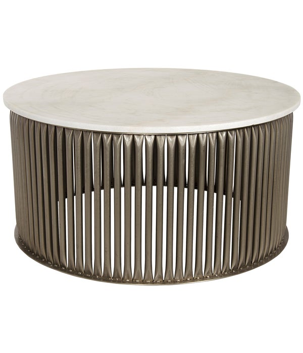 Lenox Coffee Table, Antique Silver, Steel and White Marble