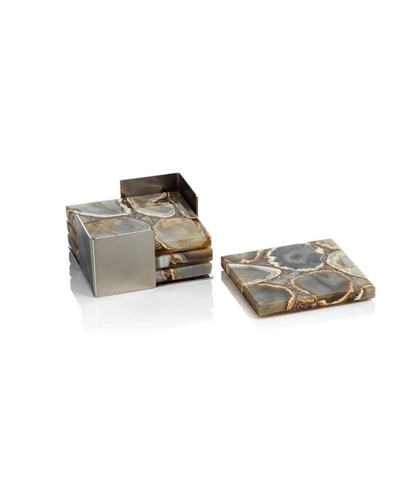 Crete Agate Coaster on Metal Tray, Set of 4, Taupe/Brown