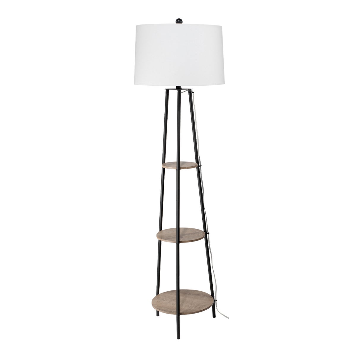 Shelved Floor Lamp, Natual Wood & Black Metal