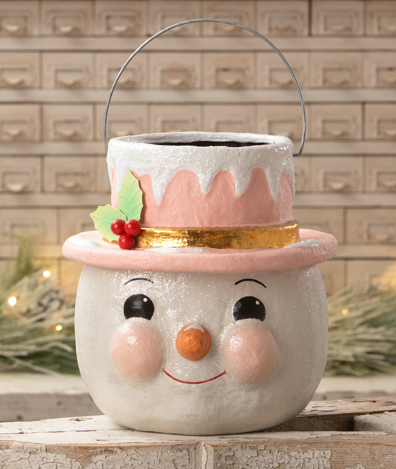 Pastel Holly Hat Snowman Small - buckets, containers 