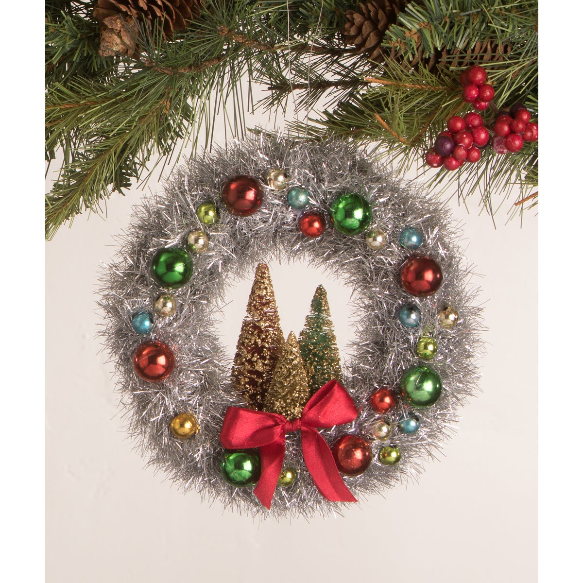 Merry and Bright Tinsel Wreath with Bottle Brush Trees