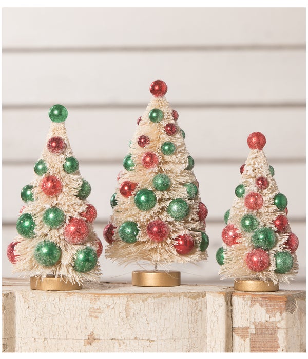 White Bottle Brush Trees with Red and Green Beads S3
