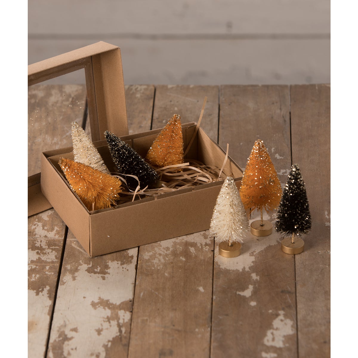 Mini Halloween Bottle Brush Trees with Gold Glitter S7