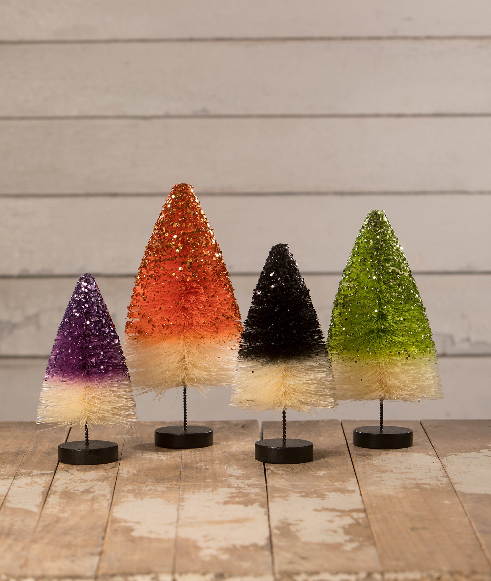 Bethany Lowe Mini Halloween Bottle Brush Trees with Gold Glitter (Set/7)