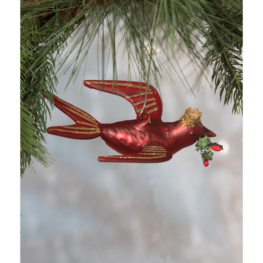 Red Bird With Crown Glass Ornament