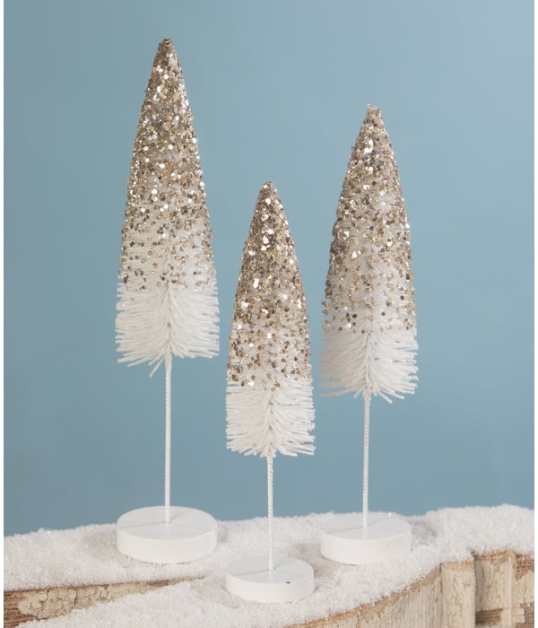 Platinum Glitter Flocked Bottle Brush Trees S3