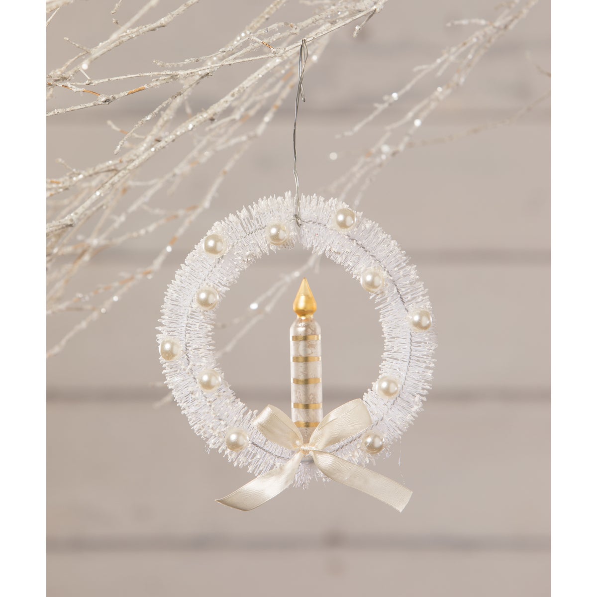 White Bottle Brush Wreath With Candle Ornament