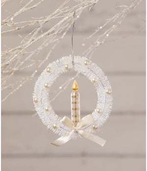 White Bottle Brush Wreath With Candle Ornament