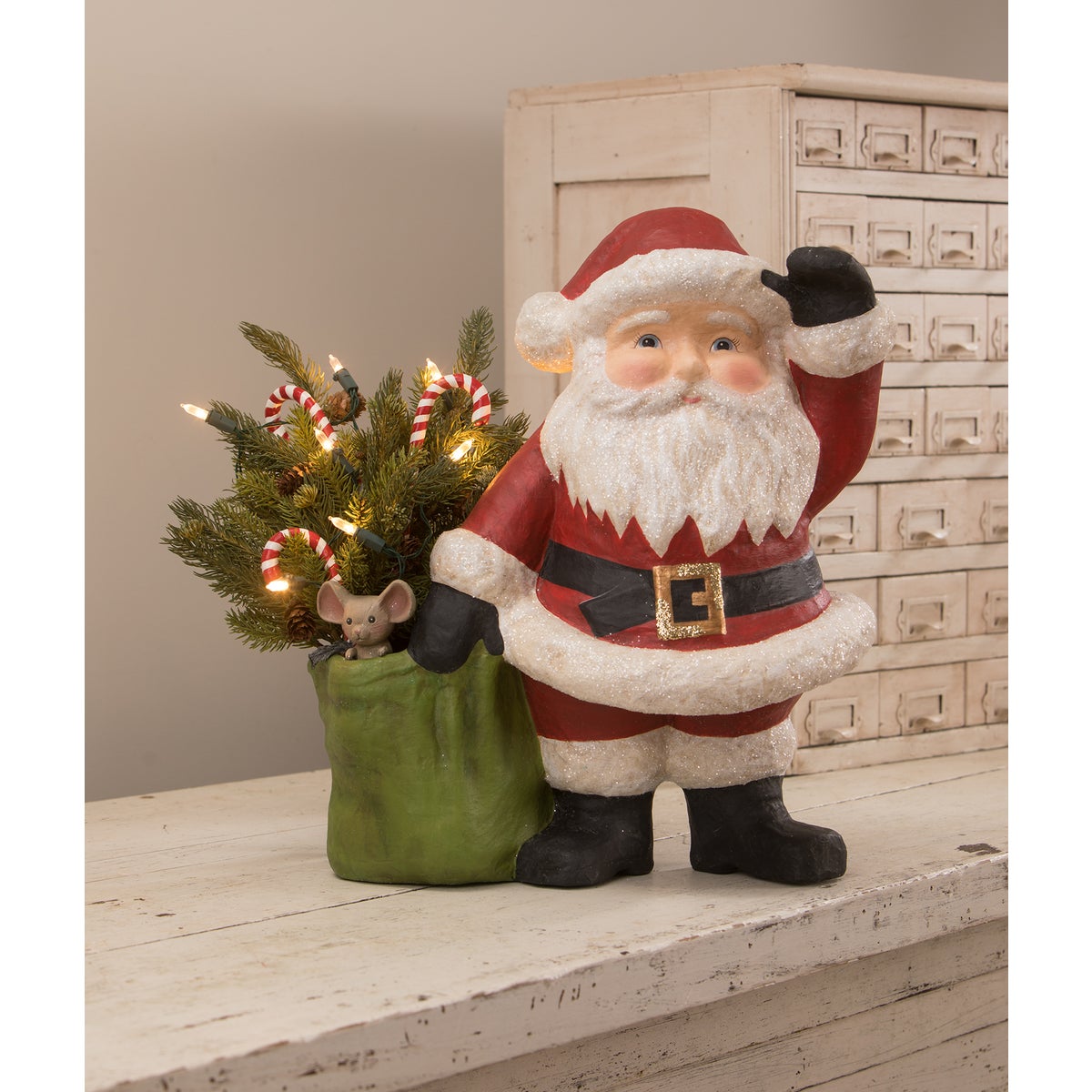 Jolly Waving Santa With Bag Large Paper Mache