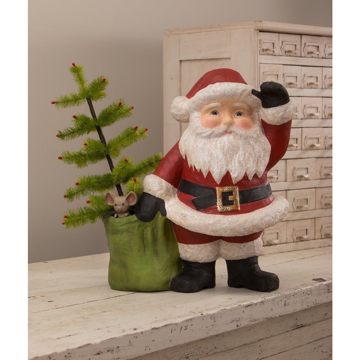Jolly Waving Santa With Bag Large Paper Mache