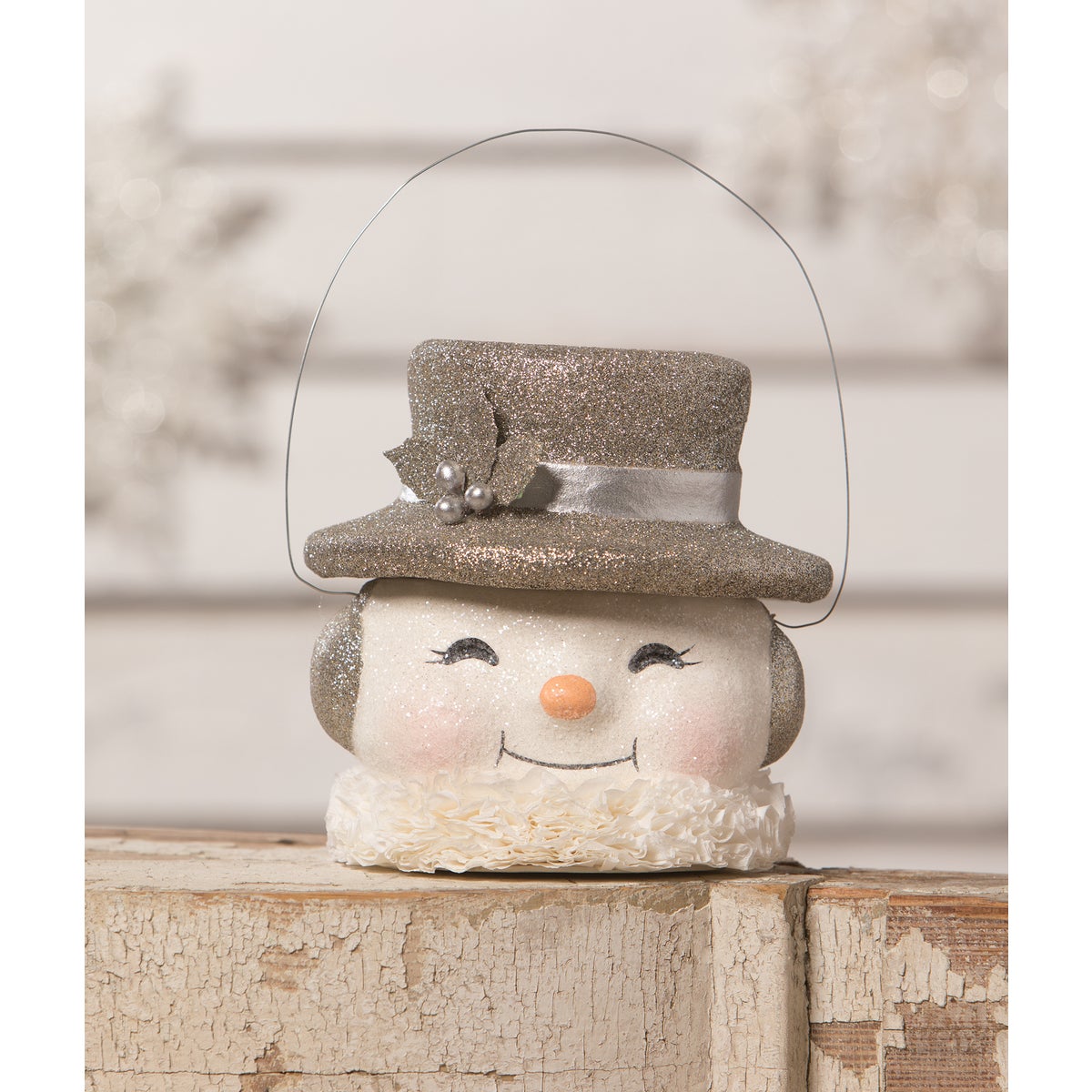 Happy Platinum Snowman Paper Mache Bucket MD
