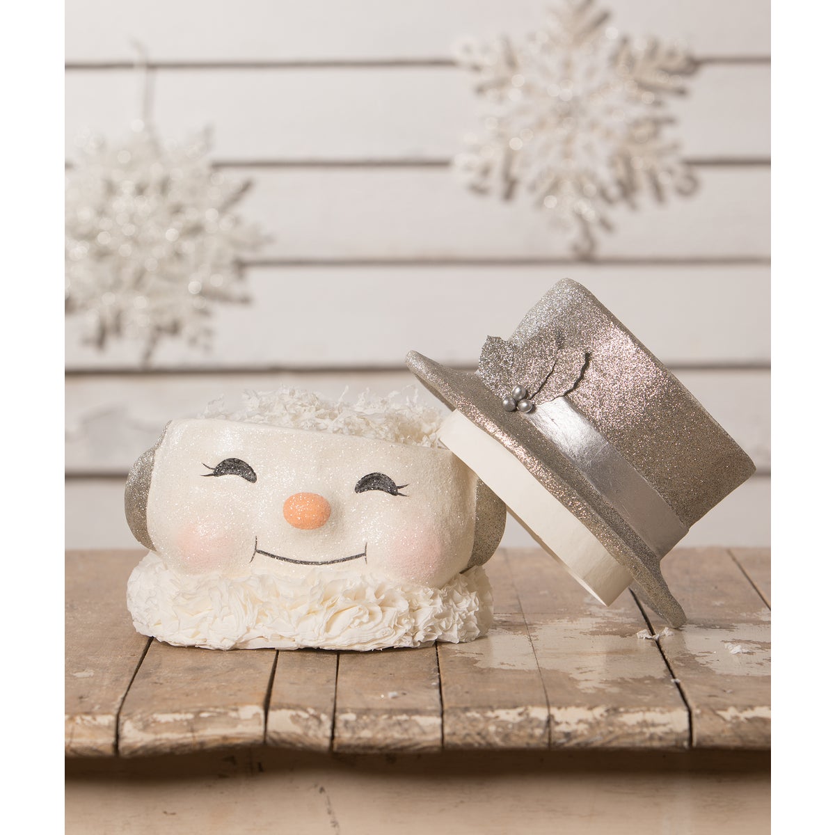 Happy Platinum Snowman Paper Mache Bucket LG