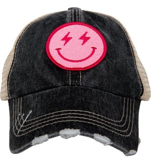 Pink Lightning Smiley Face on Black Trucker Hat