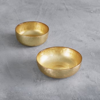 GLASS New Orleans Shallow Round Foil Leafing Bowl Set of 2  (Gold)