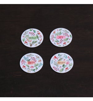 RETIRED VIDA Happy Christmas 5" Round Coasters with Cork Backing Set of 4 (White and Gold and Multi)