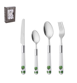 Flatware 16pc Set SS Hand Polished,White PS Handle with Gree 643700292957