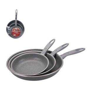 "Fry Pan 3pcs Set Carbon Steel, Gray with Marble Non-stick C 064370032420