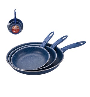 "Fry Pan 3pcs Set Carbon Steel, Royal Blue with Marble Non-s 064370032421