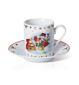 Porcelain Coffee Cup and Saucer 6 by 6. 3.5oz with Christmas 643700372895