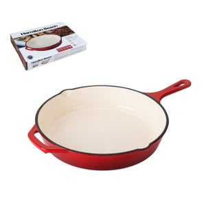 "HB Cast Iron Fry Pan 12in, Cream Enamel coating, Red color" 643700357144