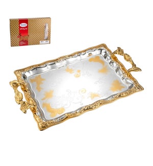 Serving Tray 2pc set 14in 18in Engraving Design Gold Trim    643700353306
