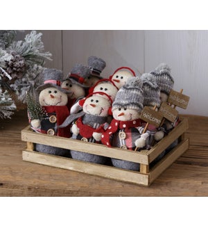 Cozy In Plaid - Wood Crate With 9 Snowmen Ornaments