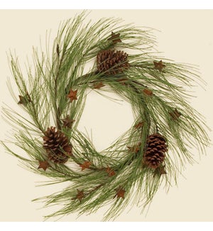 Wreath - Long Pine Needle With Rusty Stars And Cones