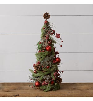 Twig Cone Tree - Frosted Evergreens, Bells, Berries, Medium