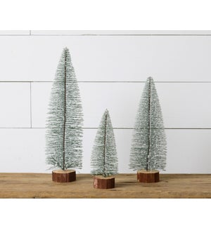 Bottle Brush Trees - Wood Base, Frosted Green