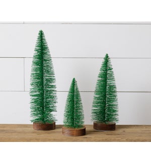 Bottle Brush Trees - Wood Base, Green Glitter
