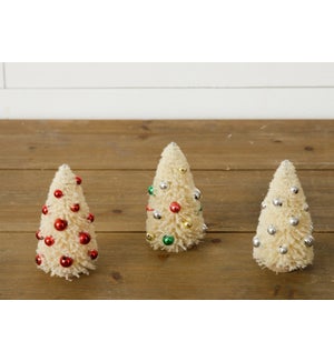 Cream Bottle Brush Trees With Ornaments - Red, Multi, Silver