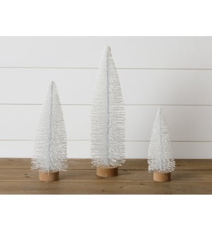 Bottle Brush Trees - Wood Base, Frosted White Glitter