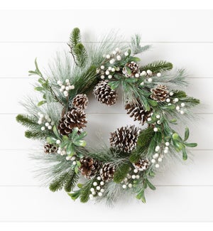 Wreath - Snowy Evergreens, Cones, White Berries, Twig Base