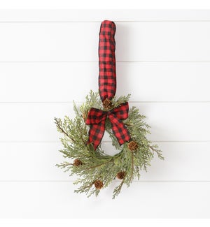 Mini Wreath Hanger - Cedar With Cones And Buffalo Plaid Bow