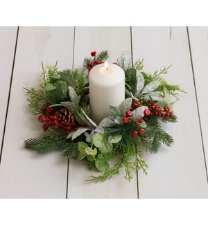 Candle Ring - Mixed Evergreen With Berries And Cones
