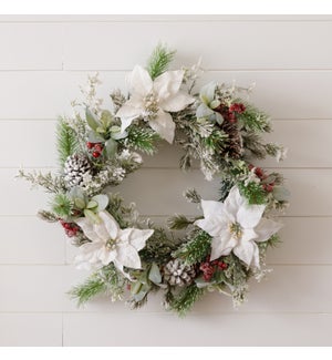 Wreath - Flocked Evergreens And White Poinsettias