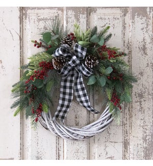 Wreath - Snowy Vine With Berries And Check Bow