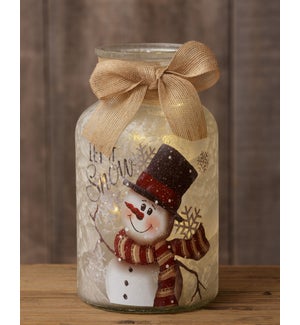 Large Glass Jar With Lights And Burlap Bow - Snowman