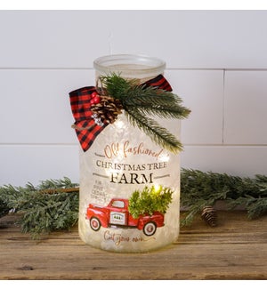 Frosted Glass Luminary With Bow - Christmas Tree Farm