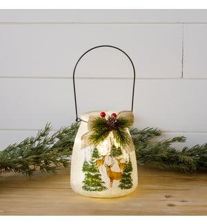 Frosted Glass Luminary with Handle - Deer in Forest