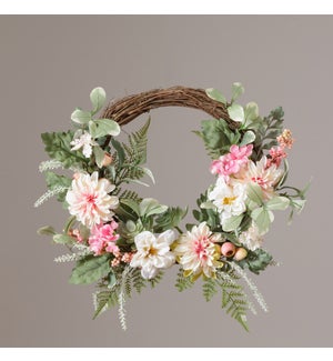 Wreath - Asstorted Pink And White Flowers, Twig Base