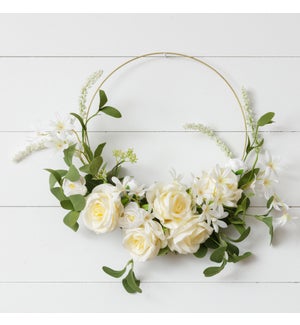Wreath - Gold Hoop, Cream Rose, White Asst Flowers, Foliage