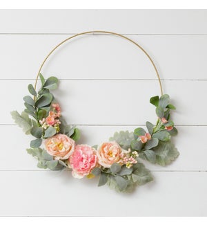 Wreath - Gold Hoop, Peach Roses, Asst Pink Flowers, Foliage