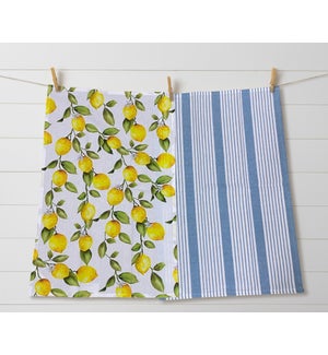 Tea Towels - Lemons And Blue Grain Sack Stripe