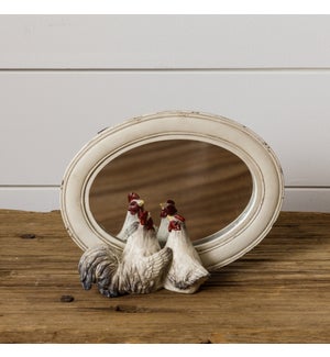 Rooster And Hen Peeking Mirror