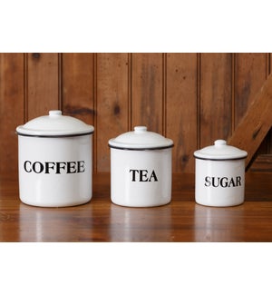 White Enamelware - Canisters; Coffee, Tea, Sugar