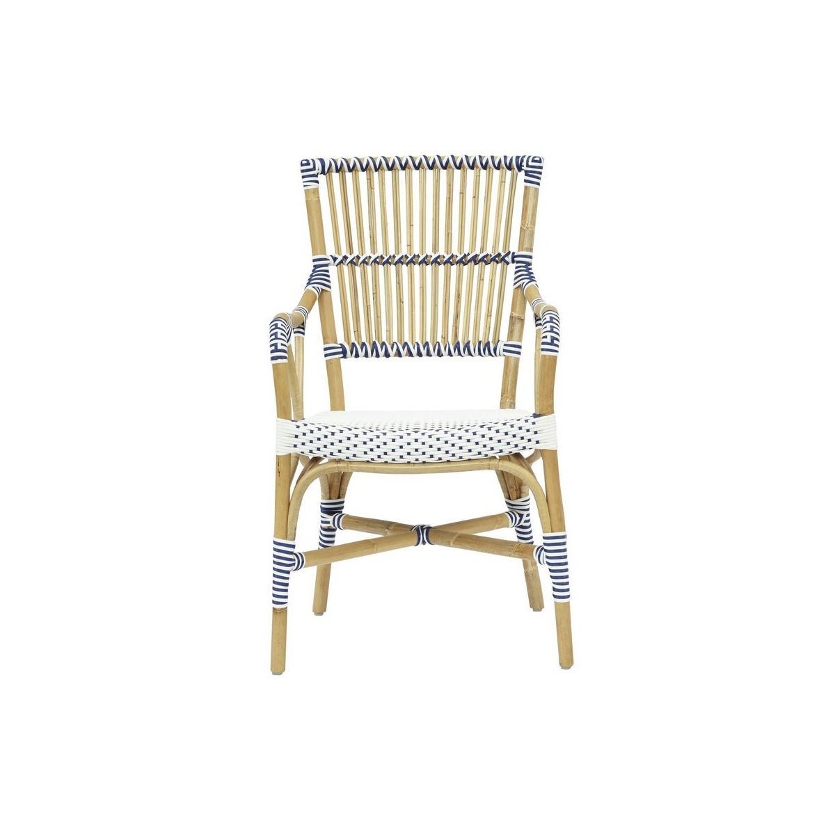 Madrid Arm Chair Frame Color - Natural   Woven Seat and Back  Color - White/Navy   This Item Wi
